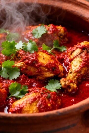 Spicy Indian chicken curry in a bowl with naan.