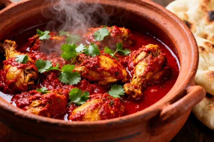Spicy Indian chicken curry in a bowl with naan.