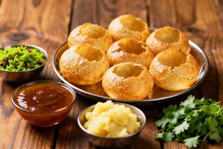 Crispy pani puris with bowls of flavored water.